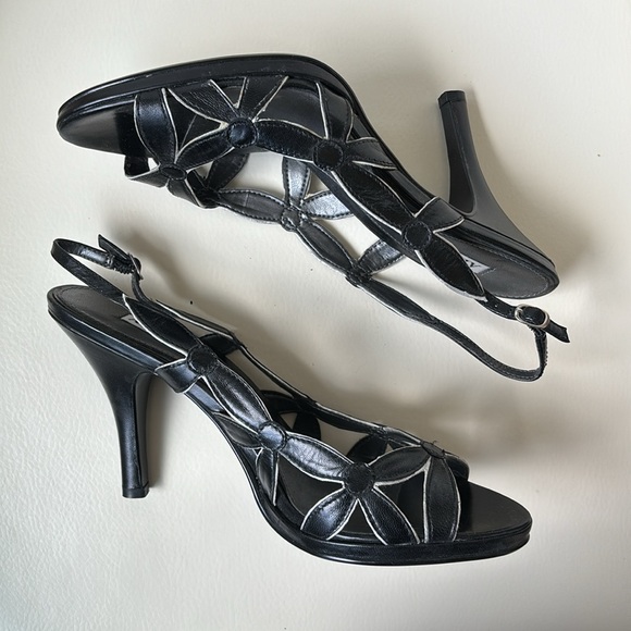 Black Leather Floral Cutout Open Toe Slingback Shoed - Picture 2 of 9